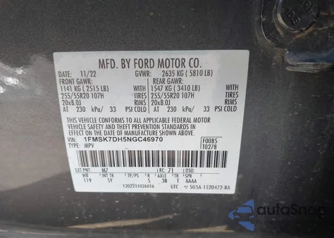 2022 Ford Explorer Xlt z USA, uszkodzony, nr VIN 1FMSK7DH5NGC46970